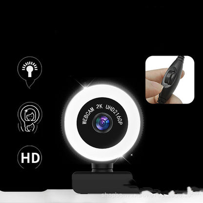 Cámara web con anillo de luz LED HD de 1080p/2K - Micrófono incorporado