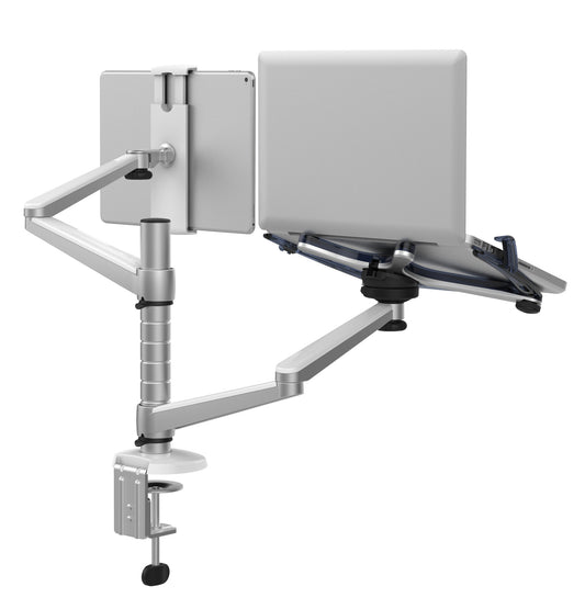 Soporte para computadora portátil y tableta / iPad de doble brazo de aleación de aluminio
